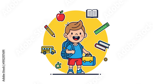 A smiling cartoon boy with a blue backpack and yellow briefcase stands in a bright yellow circle, surrounded by various floating school supplies on a white background.