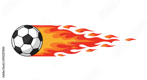 A classic black and white soccer ball is depicted in rapid horizontal movement, leaving a dramatic trail of red and orange flames.