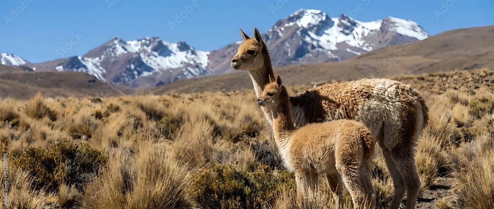 Naklejka premium Alpaca family grazing in Andean highlands with snow-capped mountains. Mother and baby llama in natural habitat. Wildlife photography for travel and nature content.