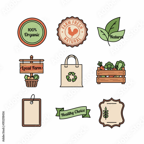 Vector icon set of organic food labels, natural farm products, and healthy eating symbols for eco-friendly design and sustainable living