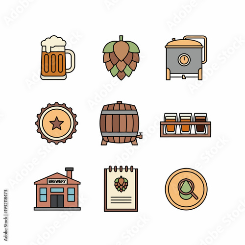 Icon set of craft beer making, brewing process, and brewery symbols