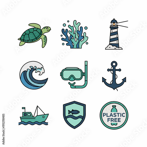 Icon set of flat vector marine and ocean environment symbols. Aquatic life, sea navigation, and ecological protection illustrations