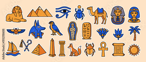 Ancient Egypt Symbols and Icons: A captivating collection of iconic symbols and illustrations representing the rich culture and history of ancient Egypt, featuring pyramids, pharaohs, hieroglyphs.