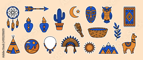 Native American Cultural Icons: a vibrant collection of indigenous american symbols, including dreamcatchers, arrows, cacti, masks, owls, rugs, teepees, and llamas.
