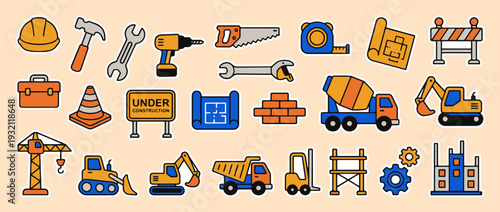 Construction Tools and Equipment Icon Collection: A comprehensive compilation of construction tools and equipment.