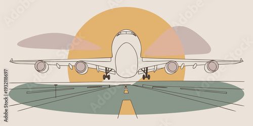 Modern line art depiction of a commercial plane on a runway with warm sunset background