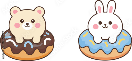 Cute kawaii bear and bunny sitting on pastel glazed donuts in minimal clean outline vector style.