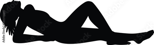 Sensual woman silhouette vector illustration, reclining female figure, elegant body shape, minimalist black graphic art, beauty fashion design