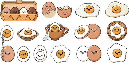 Cute kawaii egg illustration set with happy faces, cooking styles, and carton layout in clean vector design.