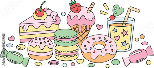 Cute kawaii pastry and sweets illustration set with pastel cake donut ice cream and candy elements.