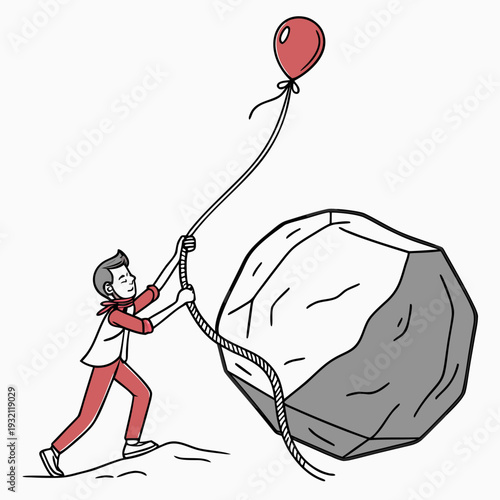 Determined individual using red balloon attached to rope to move massive rock symbolizing creative problem-solving