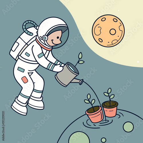 Friendly astronaut floating in space watering potted plants on alien planet symbolizing life beyond Earth