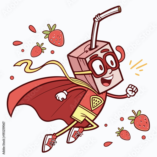 Energetic strawberry juice box superhero with cape and mask flying with strawberries for healthy kids drinks