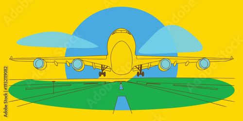 Yellow passenger plane approaching runway for landing stylized graphic illustration on blue and yellow sky background