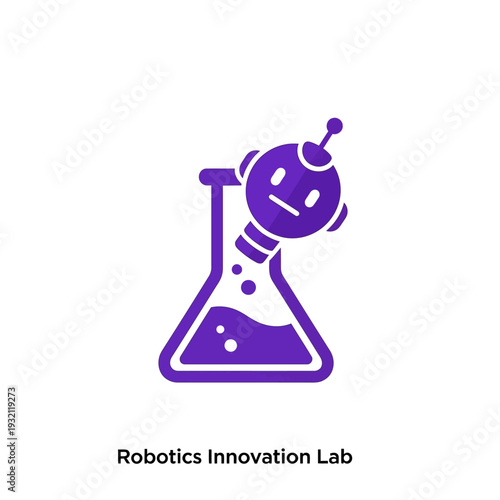 A stylized robot head emerging from a scientific flask, depicting the concept of robotics innovation and technological discovery