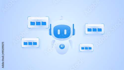 AI workflow automation artificial intelligence. ai agent workflow managing digital documents on dashboard interface with floating files and light blue modern technology.
