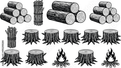 Wood logs, bundled sticks, tree stumps and campfire icons collection, detailed black and white engraving style vector forestry illustration set