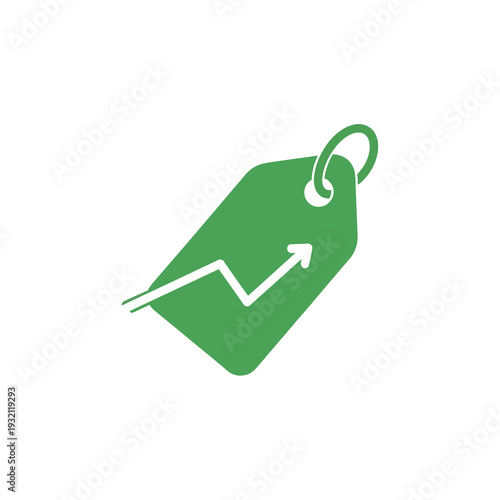 Dynamic green price tag illustration with an upward arrow symbolizing financial growth, market value increase, and positive economic trends