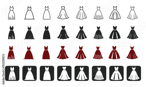 Evening Gown and Wedding Dress Vector Icon Set for Fashion Design.Black and White Bridal Fashion Collection
