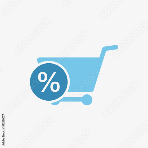 Blue Shopping Cart with Discount Symbol.