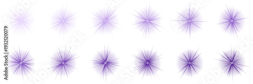 Set of purple glowing starbursts and magical energy sparks for fantasy game interface