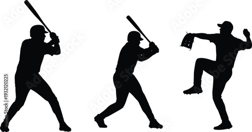 Baseball player silhouettes set featuring batter in batting stance, hitter ready to swing, and pitcher throwing ball on white background.