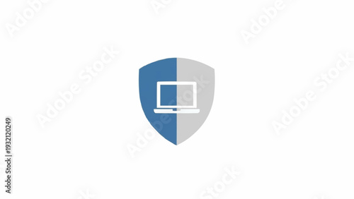 Shield with laptop computer logo symbol.