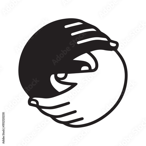 Black and white interlocked hands vector illustration symbolizing unity, equality, and partnership in a yin yang shape
