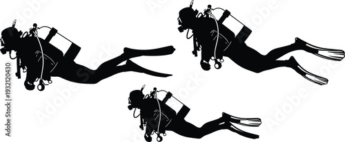 Black silhouette of scuba divers swimming underwater with diving gear oxygen tanks and flippers isolated on white background for marine designs