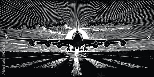 Vintage woodcut style illustration of a jet airplane accelerating down a runway for a flight takeoff