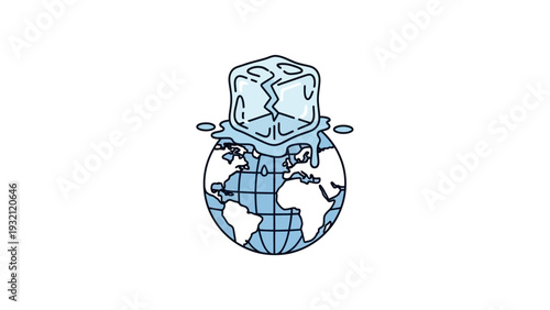 Ice cube melting on Earth globe.