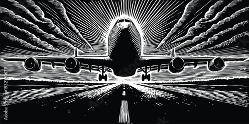 Dramatic woodcut style illustration of a jet airplane accelerating down a runway with dynamic motion lines