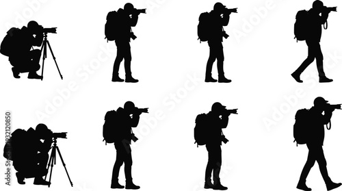Black Silhouette Set of Professional Photographers with Cameras Tripods and Backpacks Taking Photos in Various Poses Isolated on White Background