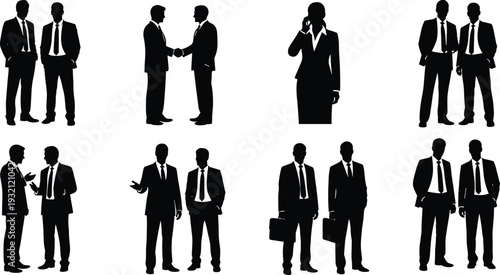 Black silhouettes of business professionals in suits shaking hands talking and holding briefcases for corporate teamwork and successful partnership concepts