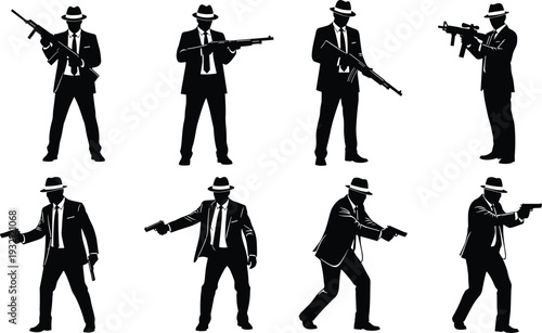 Black silhouettes of gangsters in suits and fedoras holding various firearms like shotguns rifles and handguns isolated on white background