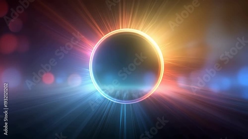 Circular light formation with vibrant rays emanating from the center, creating a colorful gradient effect against a dark background in a visually dynamic setting