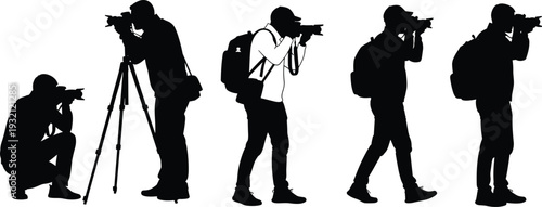Black silhouettes of professional photographers taking photos with digital cameras on tripods and carrying backpacks isolated on a white background