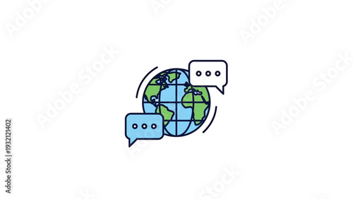 Globe with speech bubbles communication.