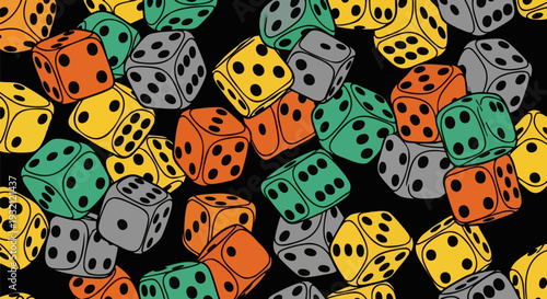 Colorful vintage dice illustration scattered across a dark background surface