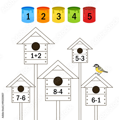 Counting educational children game. Calculate the mathematical examples
 and color the objects in the correct color. Math kids activity sheet.