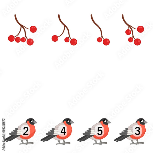 Matching children educational game. Match of bullfinches and rowan twigs. Activity for pre sсhool years kids and toddlers.