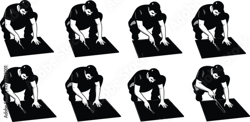 Crouching professional craftsman or worker using a precision tool on a dark surface, collection of eight black and white vector illustrations.