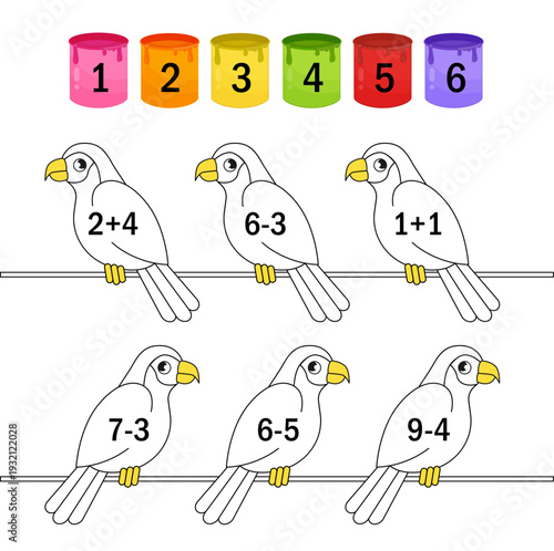 Counting educational children game. Calculate the mathematical examples
 and color the objects in the correct color. Math kids activity sheet.