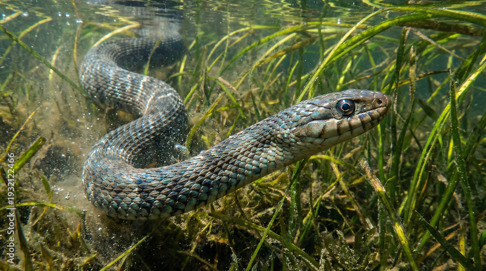 Obraz premium Close-up of a banded water snake gracefully slithering through submerged aquatic vegetation