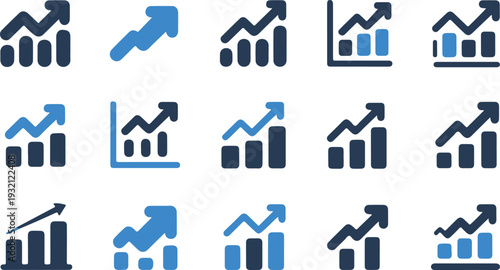 Collection of blue data analysis icons displaying growth statistics and financial reports high-quality professional detailed