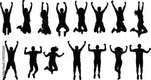Large collection of happy people silhouettes jumping and celebrating success, male and female figures expressing joy and achievement on white background.