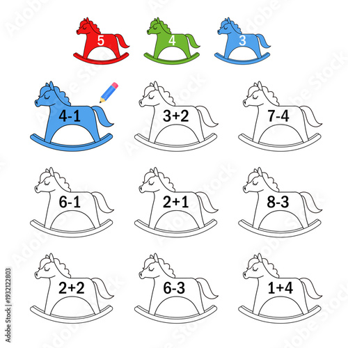 Counting educational children game. Calculate the mathematical examples
 and color the toy rocking horses in the correct color. Math kids activity sheet.