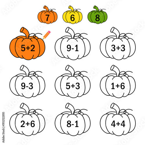 Counting educational children game. Calculate the mathematical examples
 and color the pumpkin in the correct color. Math kids activity sheet.
