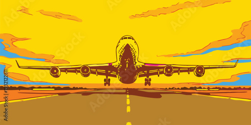 Stylized illustration of an airplane taking off down a runway towards a vibrant golden sunset