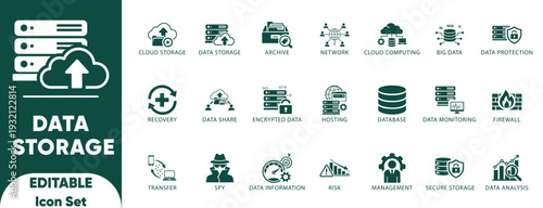 Data center icon set. Icon pack contains server, storage, router, cloud, backup, security, cyber, internet, hosting, modernization, virtualization, and flat style.